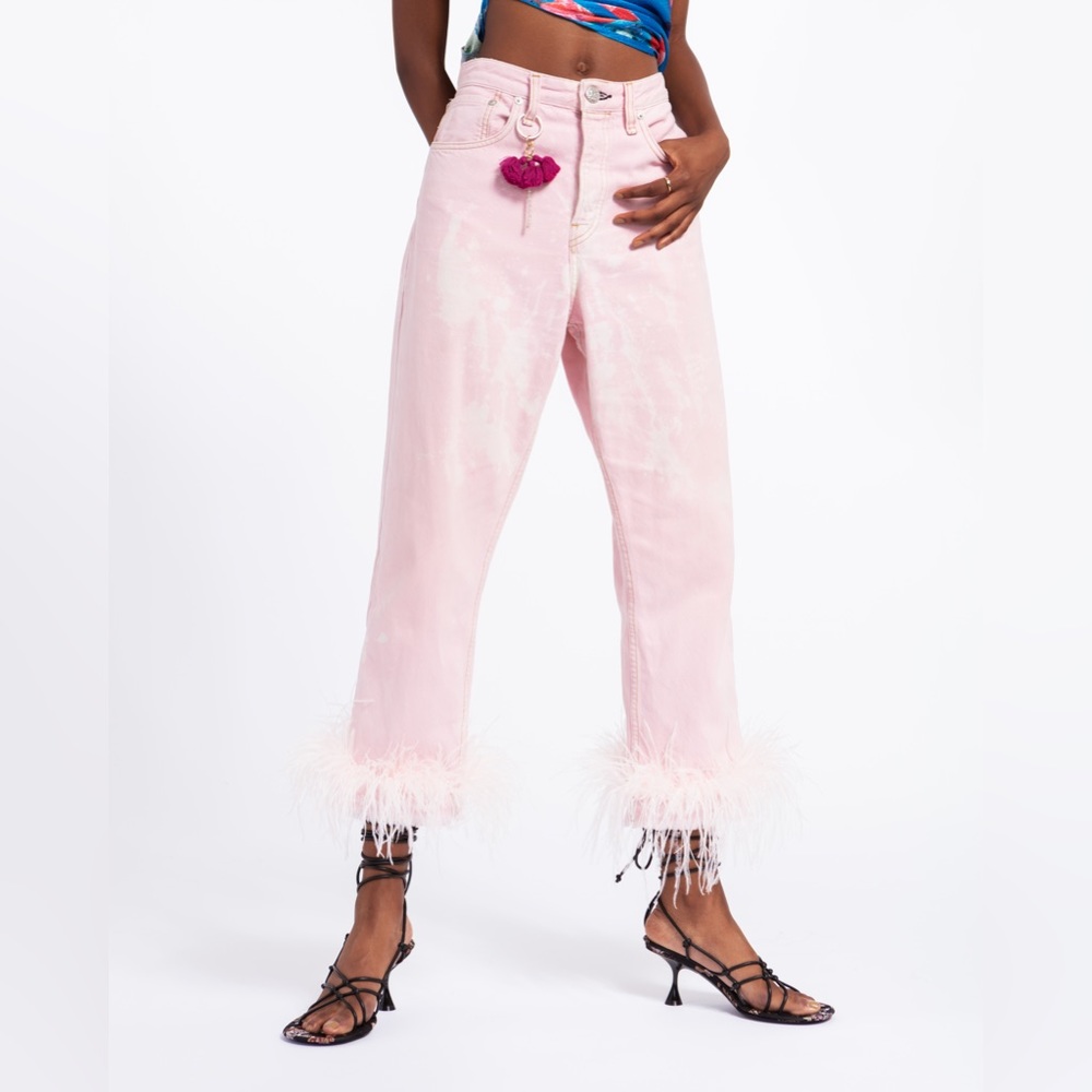 Pink Ostrich Feather Jeans